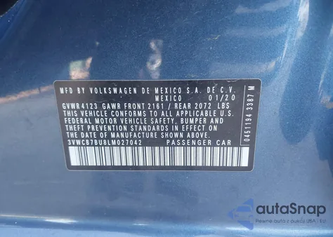 2020 Volkswagen Jetta 1.4T R-Line/1.4T S/1.4T Se z USA, uszkodzony, nr VIN 3VWCB7BU8LM027042